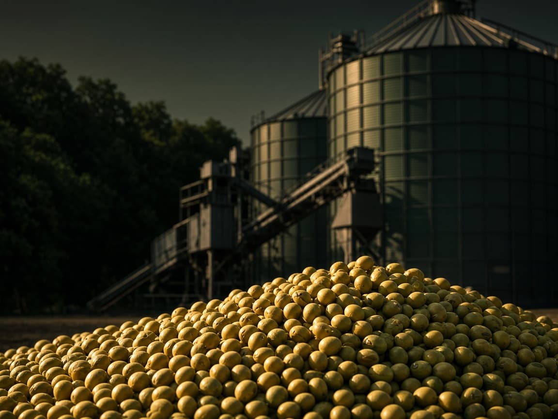 Premium photograph of clean soya beans with industrial storage context