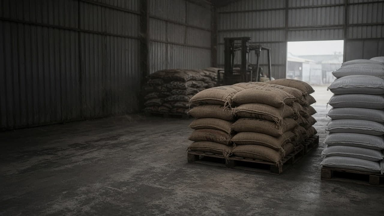 Commodity sacks stored in a West African warehouse, ready for supply