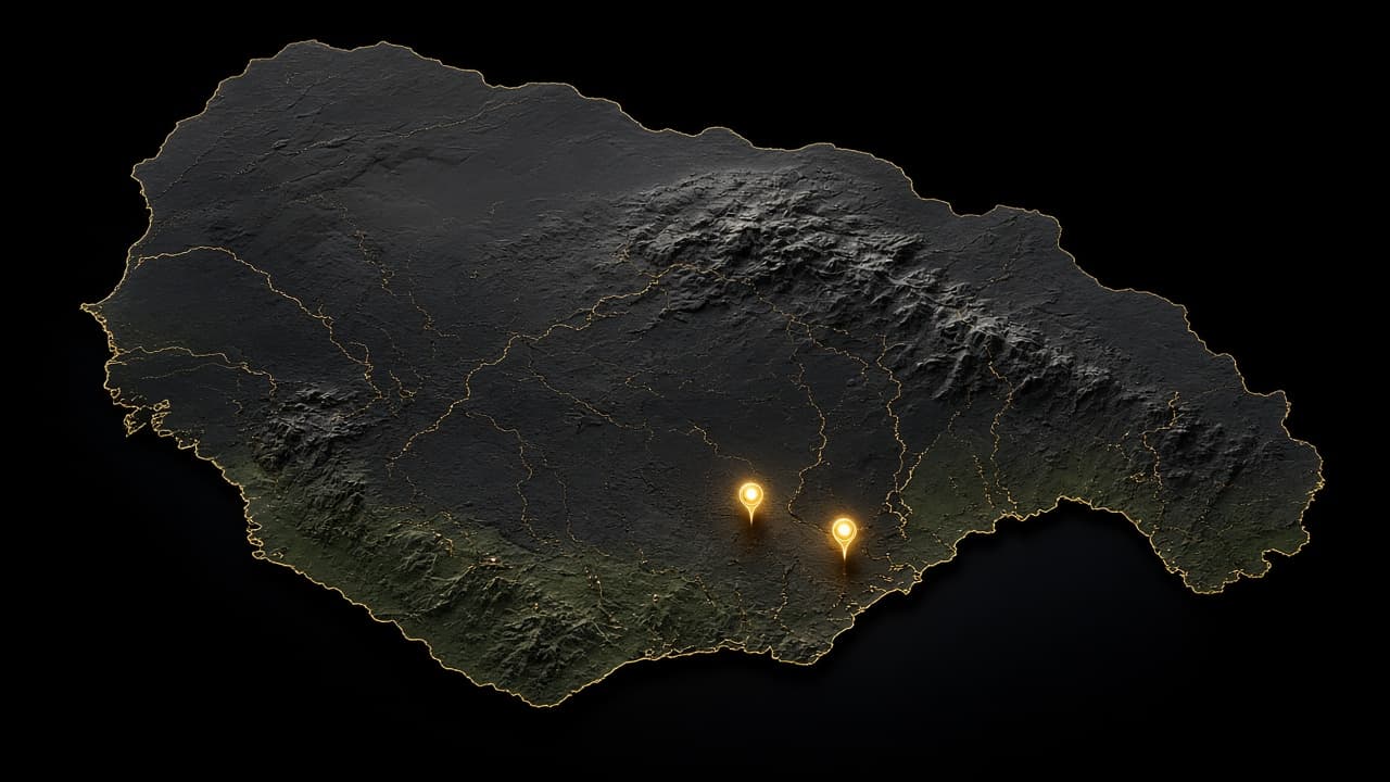 Stylized dark topographic map of West Africa with regional markers